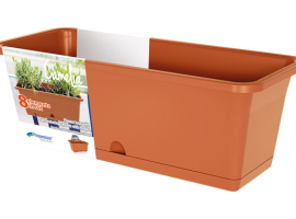 JARDINIÈRE DE BALCON RECTANGULAIRE AVEC CROCHET ET SOUCOUPE CAMÉLIA TERRE CUITE